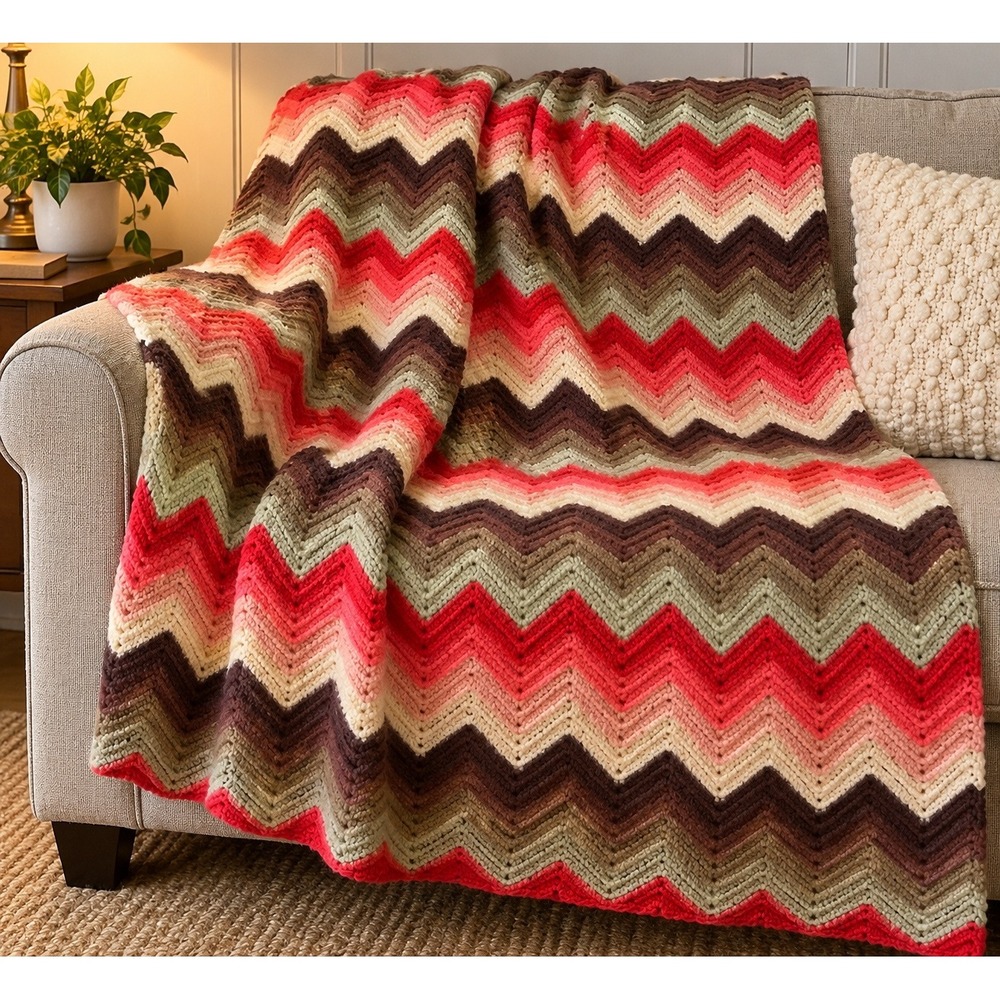 Vintage 70s Crochet Chevron Lap Blanket Retro Zig Zag Throw Red Brown 55x34